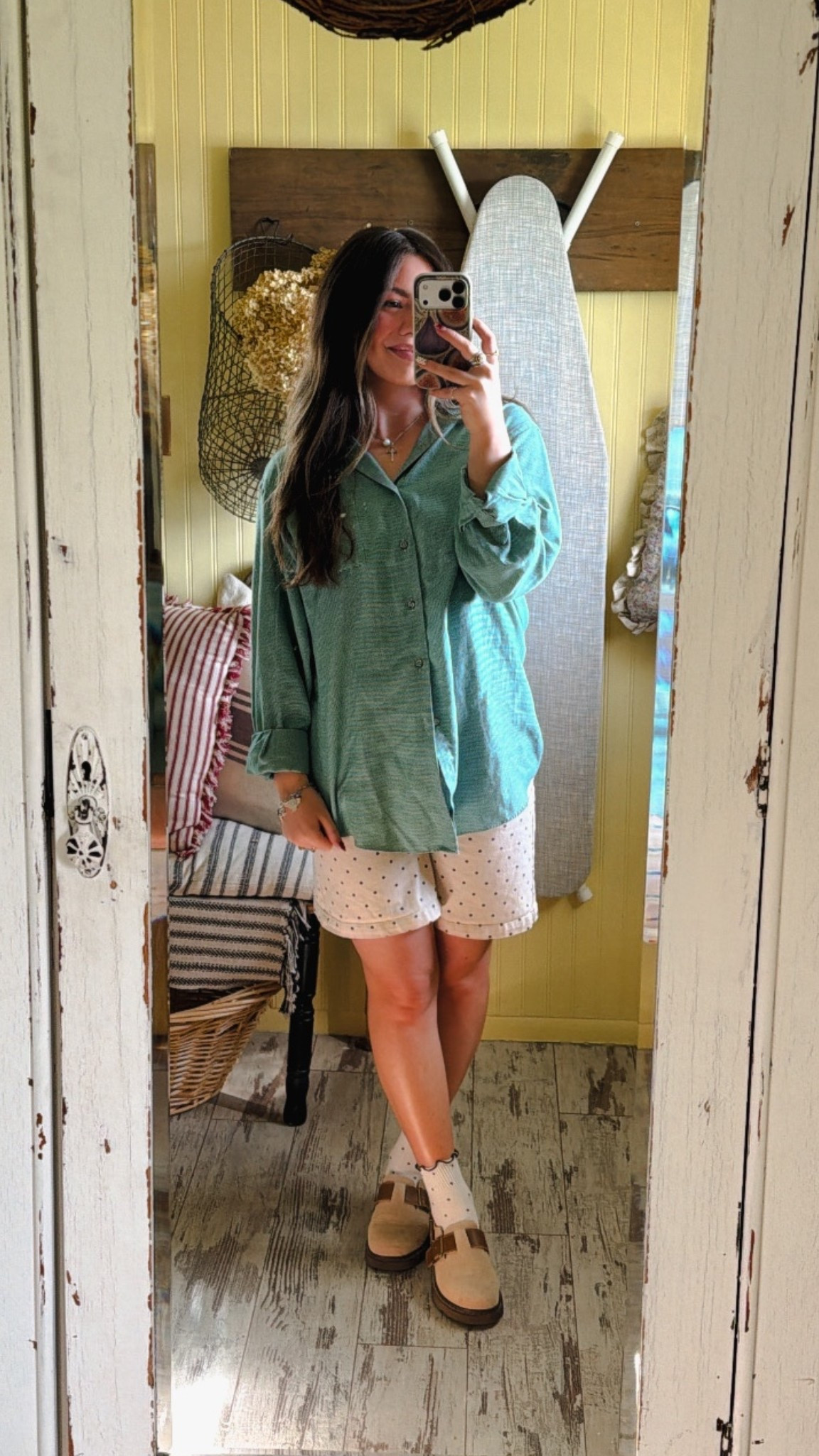 Casual in between seasons outfit. Love a good polka dot - obviously since they’re on my shorts and socks!

#LTKgrwm #LTKootd #LTKPetite