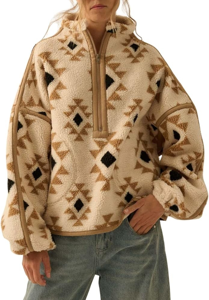 Women Oversize Geometric Print Sherpa Fleece Half Zip Pullover Western Aztec Print Sweatshirt | Amazon (US)