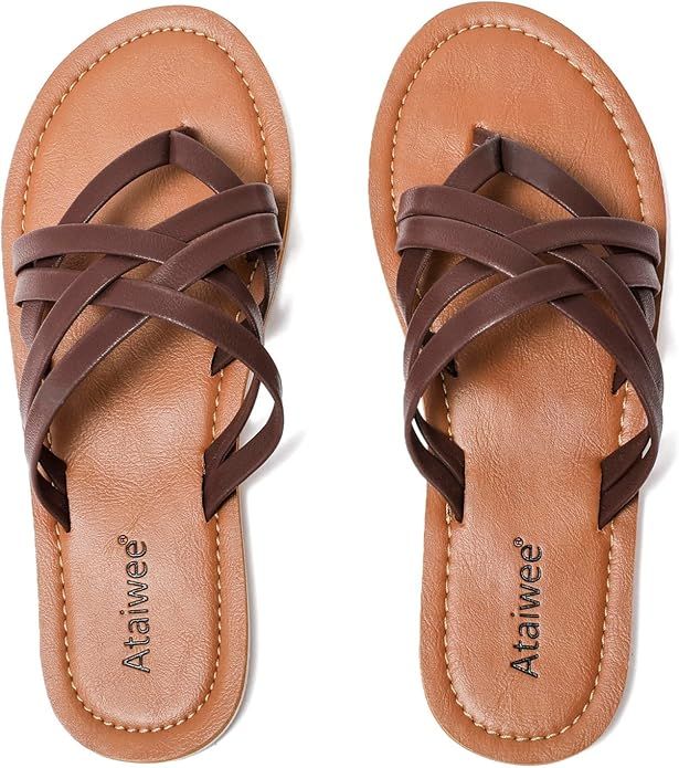Ataiwee Women's Slide Sandals,Slip On Casual Vegan Thong Strappy Summer Shoes. | Amazon (US)