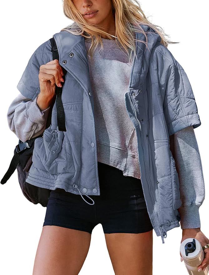Zhiyouni Women's Quilted Puffer Vest Casual Hooded Short Sleeves Padded Jacket Poncho Outerwear | Amazon (US)