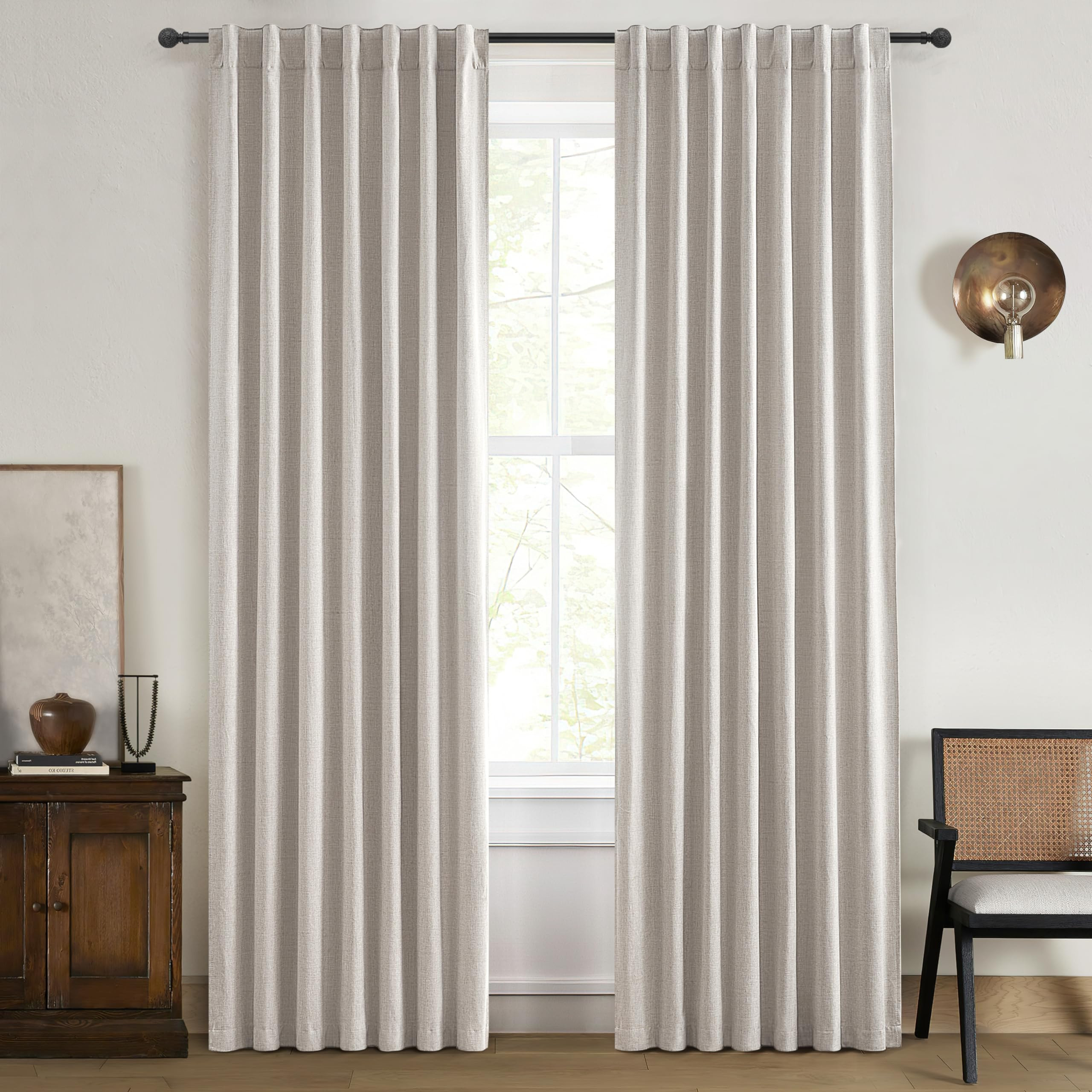 Natural Linen 86 Inch 100% Blackout Curtains for Bedroom, Pleated Heading Tape Ring Clips Back Ta... | Amazon (US)