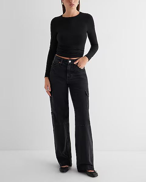 High Waisted Washed Black Raw Hem Wide Leg Cargo Jeans | Express