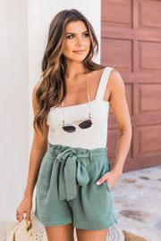 Bayside Stroll Paperbag Linen Sage Shorts | The Pink Lily Boutique