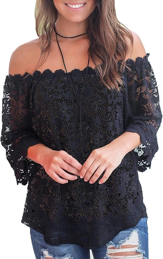 MIHOLL Women's Lace Off Shoulder Tops Casual Loose Blouse Shirts | Amazon (US)