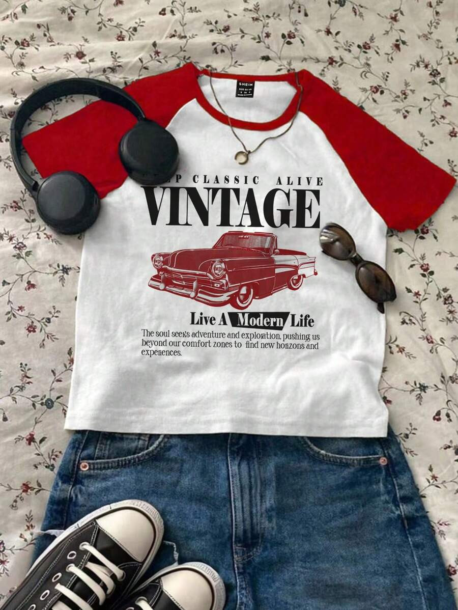 SHEIN EZwear Casual Vintage Car Graphic Crew Neck Short Sleeve Fitted Cropped Women T-Shirt, Suit... | SHEIN