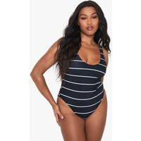 boohoo Women's Plus Swimwear Essentials Stripe Scoop Swimsuit in Black | Size: 12 | Denim/Linen | boohoo (US & Canada)