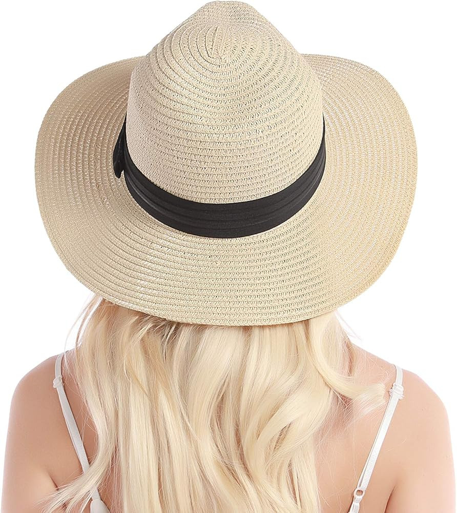 Womens Straw Hat Wide Brim Floppy Beach Cap Adjustable Sun Hat for Women UPF 50+ | Amazon (US)