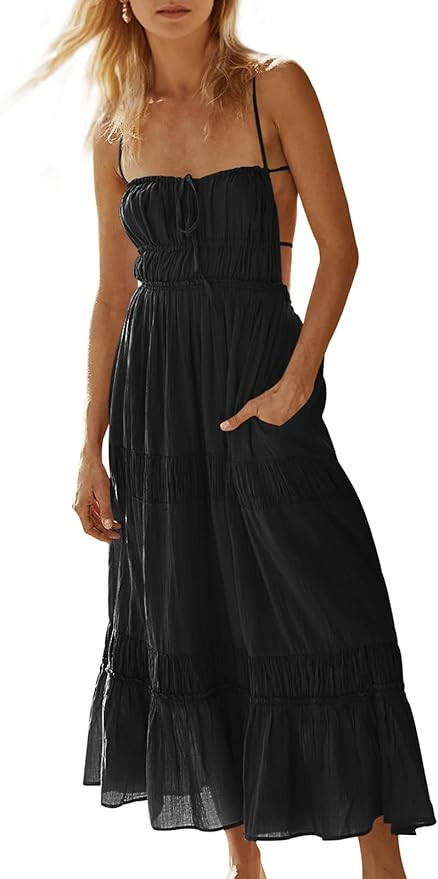 Wenrine Womens Summer Beach Dresses Backless Spaghetti Straps Self Tie Tiered Flowy Casual Maxi D... | Amazon (US)