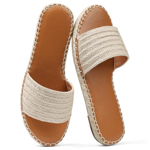 Amazon.com | Tscoyuki Raffia Womens Sandals Dressy Summer Flat Sandals Slip On Resort Beach Sanda... | Amazon (US)