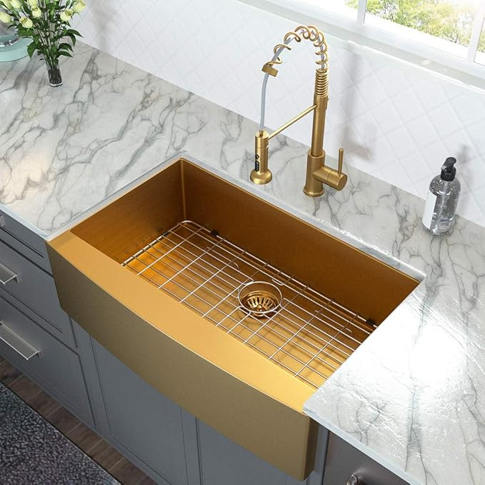 36 Farmhouse Sink Gold - Lordear 36 inch Kitchen Sink Apron Front 16 Gauge Matte Gold Stainless S... | Amazon (US)