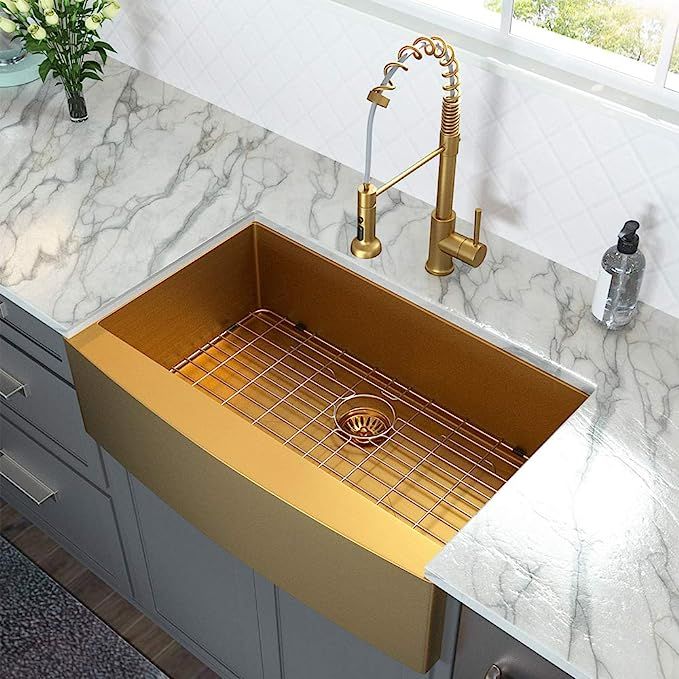 36 Farmhouse Sink Gold - Lordear 36 inch Kitchen Sink Apron Front 16 Gauge Matte Gold Stainless S... | Amazon (US)