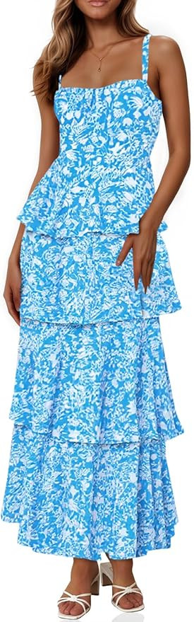 Wenrine Womens Summer Floral Maxi Dresses Sleeveless Spaghetti Strap Tie Back Ruffle Tiered Flowy... | Amazon (US)