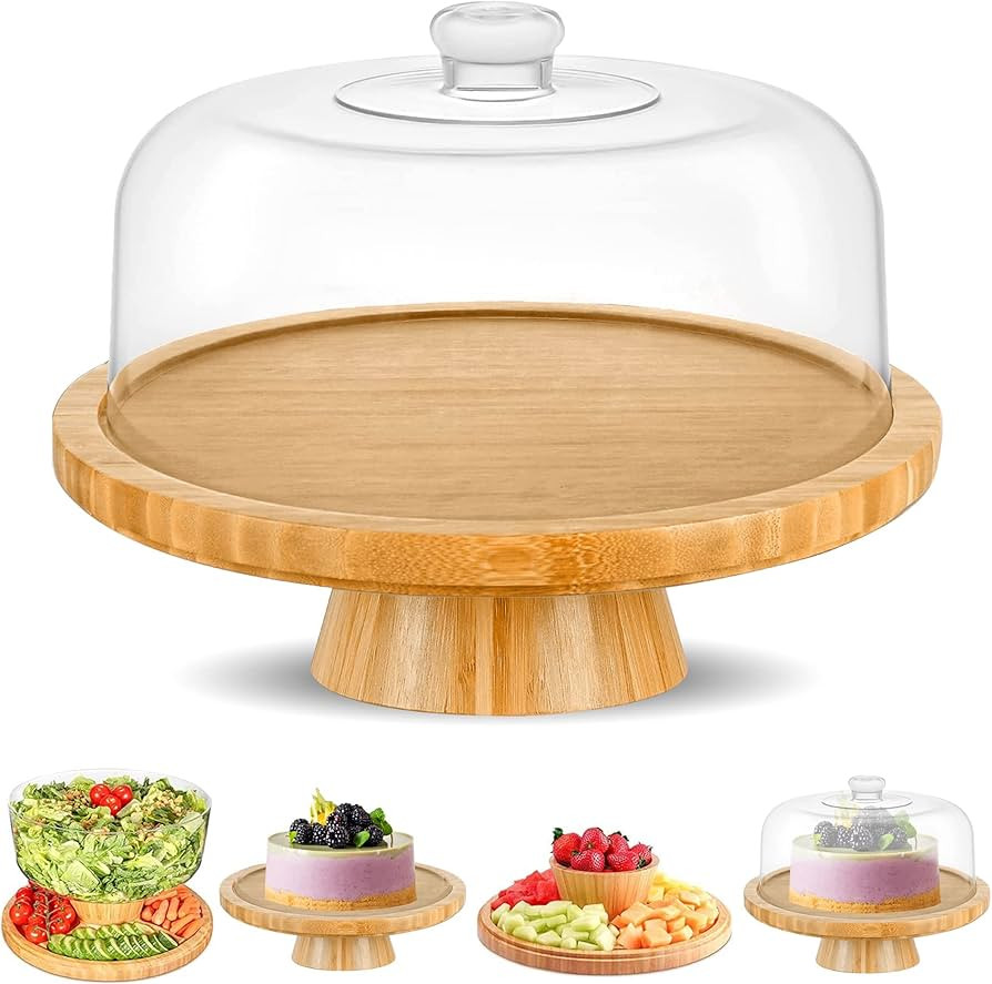 CHEF'S UNIQUE Bamboo Cake Stand With Dome Multi Function 6 In 1 Cake Holder Serving Platter, (12"... | Amazon (US)