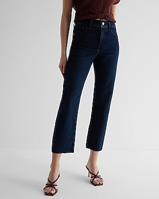 High Waisted Dark Wash Raw Hem Ankle Straight Jeans | Express