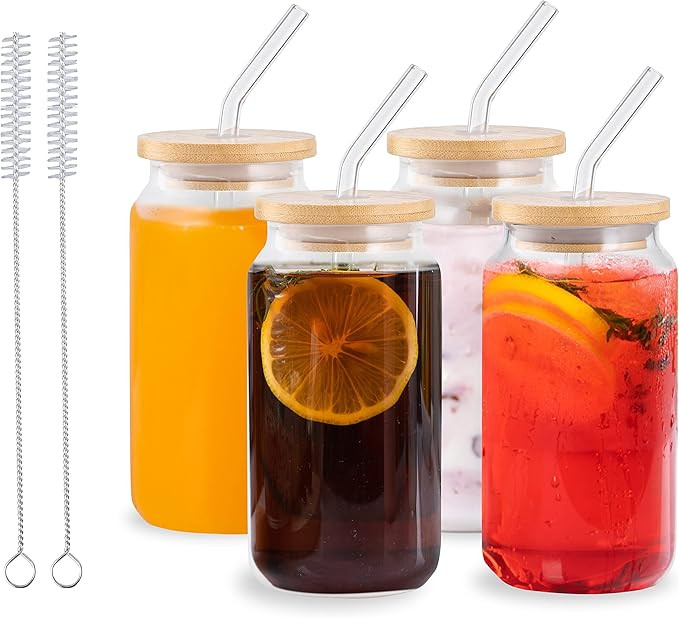 NAYEA Drinking Glasses Cups with Lids and Straws - Beer Can Shaped Drinking Glasses, 16 oz Iced C... | Amazon (US)