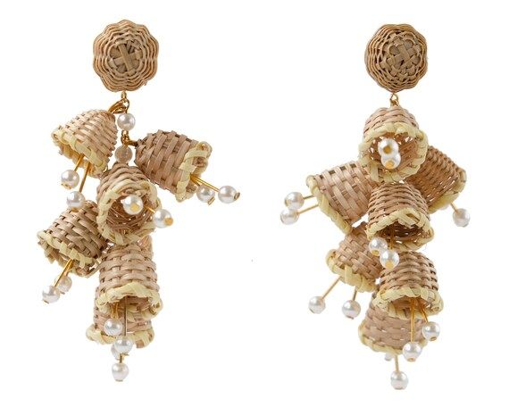 Natural rattan and pearl flower cluster earrings - Foxglove straw weaved clip-on earrings - Natur... | Etsy (US)