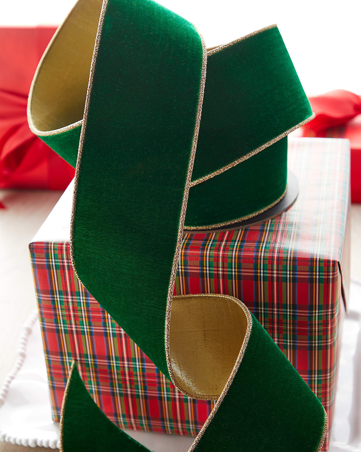 Velvet & Gold Glitter Christmas Ribbon, 4"W x 10 Yards | Horchow