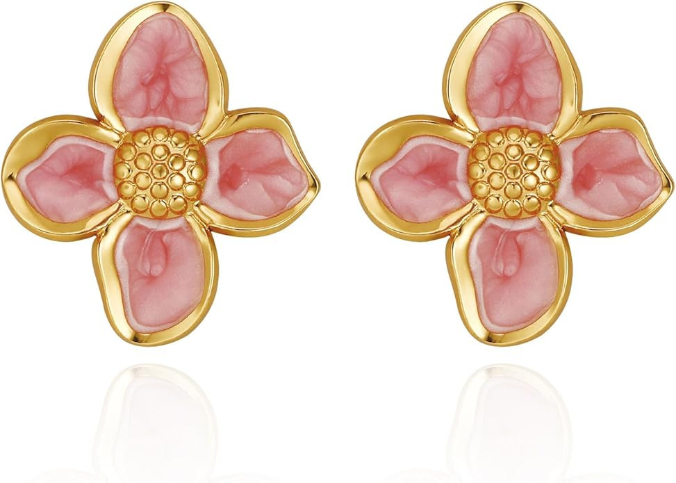 HANRESHE Pink Gold Flower Earrings For Women Cute Black Flower Stud Earrings Trendy White Floral ... | Amazon (US)
