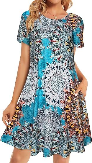 Womens Summer Dresses Beach Casual Tshirt Plus Size Floral Short Sleeve Loose Flowy Sundresses | Amazon (US)