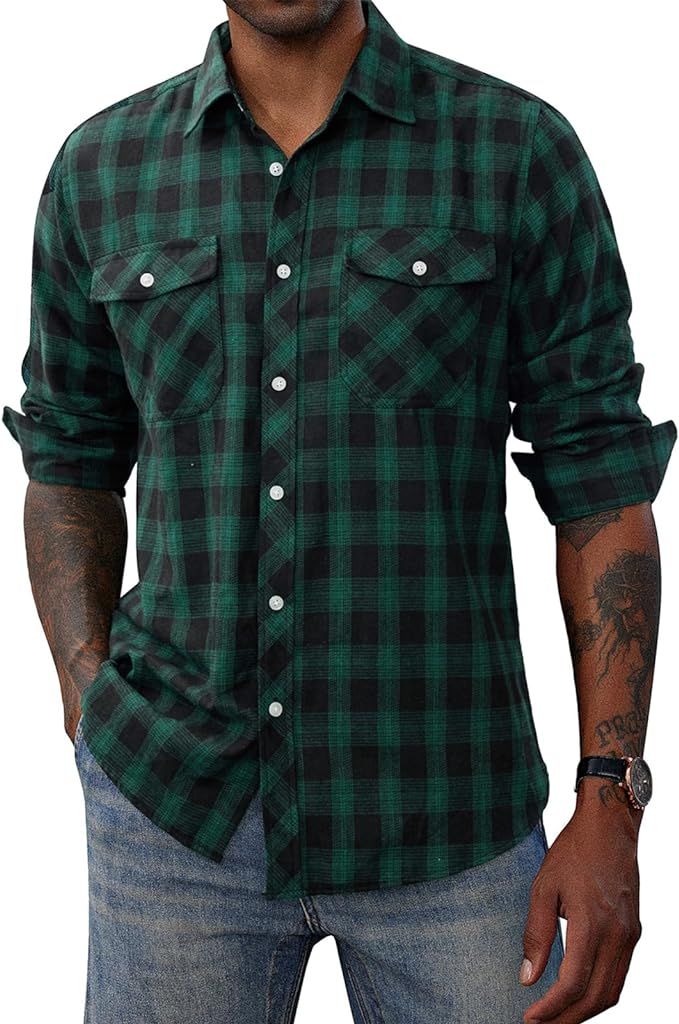 PJ PAUL JONES Mens Flannel Plaid Shirt Casual Long Sleeve Button Down Shirts with Pockets | Amazon (US)