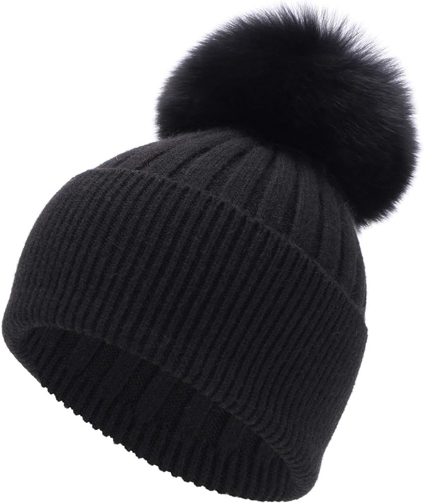 16 Colors, Cashmere Cuffed Beanie with Real Fox Fur Pom Pom Knit Hat for Women Winter Beanie Knit... | Amazon (US)