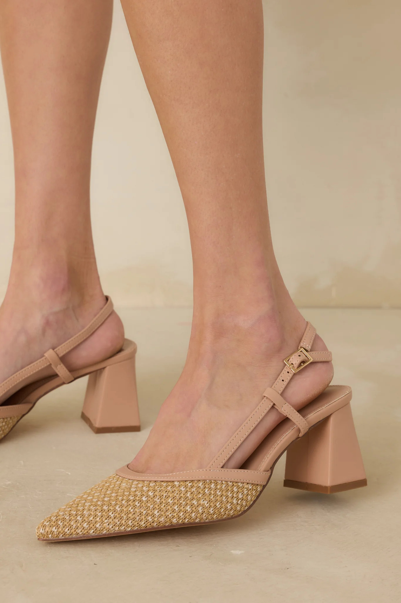 Keeping It Real Beige Woven Pointed-Toe Slingback Heels | Red Dress