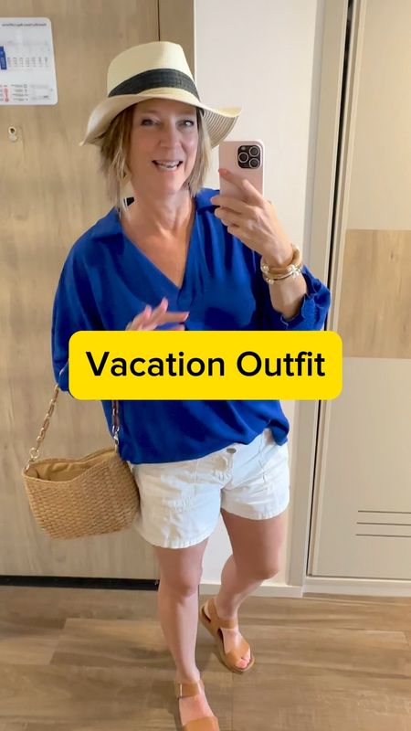 Easy casual vacation outfit to wear into a restaurant in a beach resort. I have 7 pairs of these shorts. Tts. Shirt is oversized but drapes correctly. Shorts 5” Sandals may still be available tts #vacationoutfits #traveloutfit 

#LTKtravel #LTKshoecrush