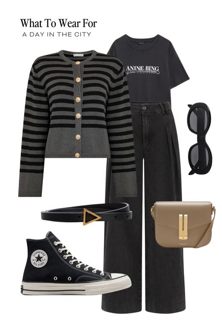 Outfit of the day 🖤 

Stripe cardigan, black jeans, casual outfits, high street fashion, demellier bag,
Bottega belt, luxury accessories, anine bing T-shirt 

#LTKSeasonal #LTKstyletip #LTKeurope