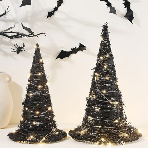 Leinuosen 2 Pcs Halloween Rattan Witch Hat Decor with String Lights Wicker Wizard Hats Woven Witch Hat for Indoor Outdoor Halloween Party Supplies Home Bedroom Garden Patio Backyard Decoration(Black) | Amazon (US)