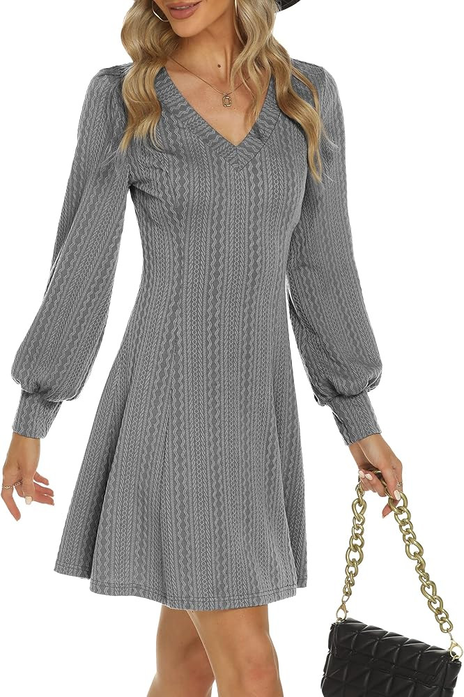 OYANUS Womens V Neck Long Sleeve Sweater Dress Fall Latern Sleeve Knit Flowy Short Mini Skater Dress | Amazon (US)