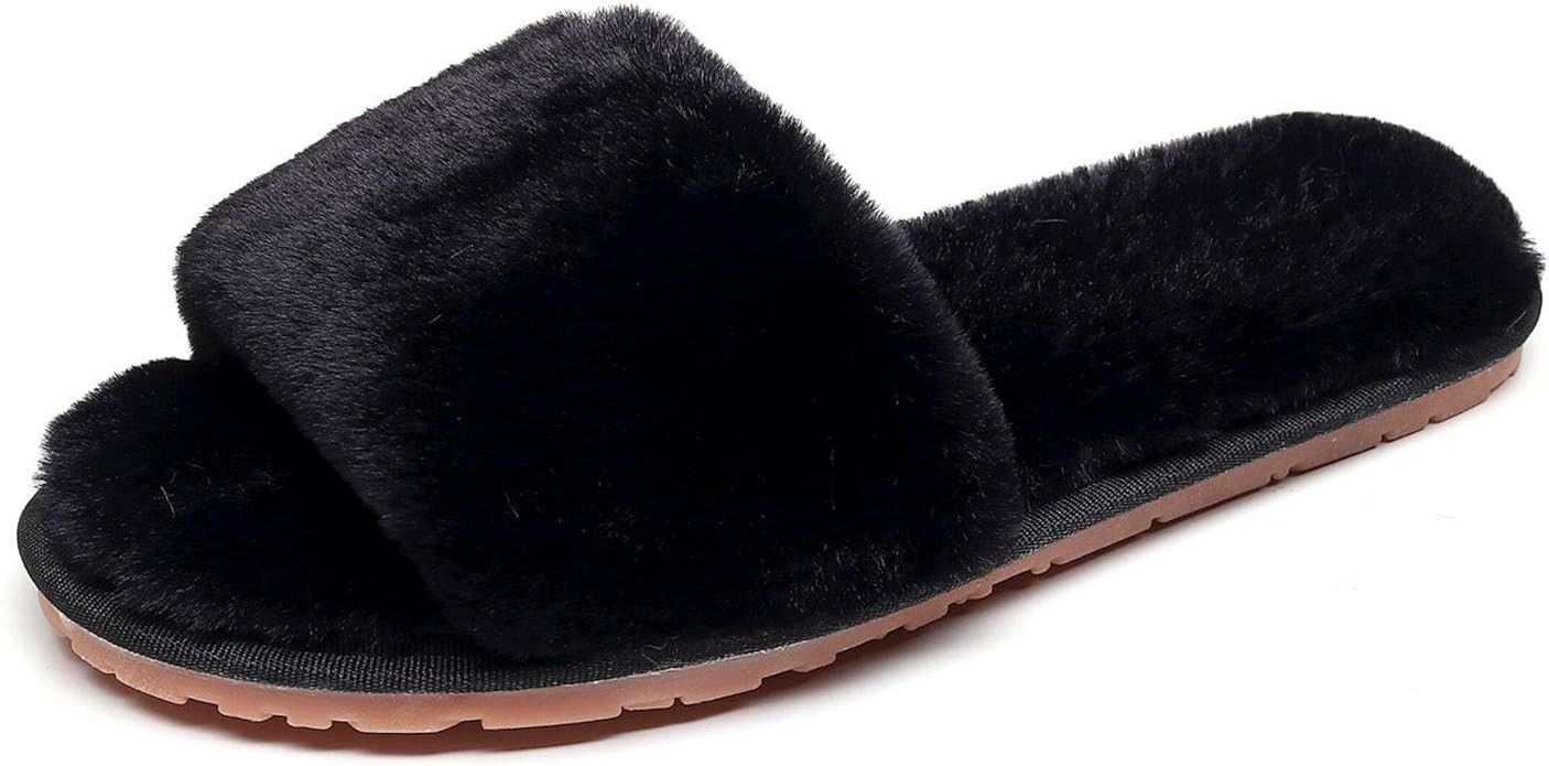 Women's Fuzzy Fluffy Furry Fur Slippers Flip Flop Open Toe Cozy House Memory Foam Sandals Slides ... | Amazon (US)