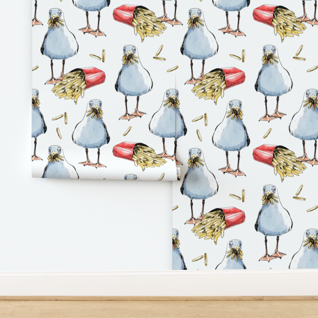funny seagull stealing french fries  Wallpaper byanimalista | Spoonflower