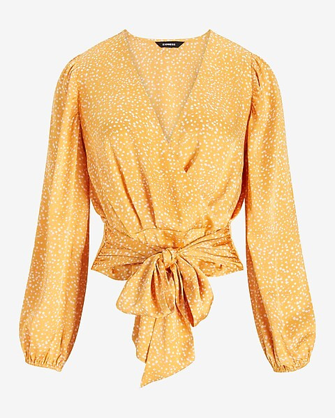 Satin Printed Wrap Front Tie Top | Express