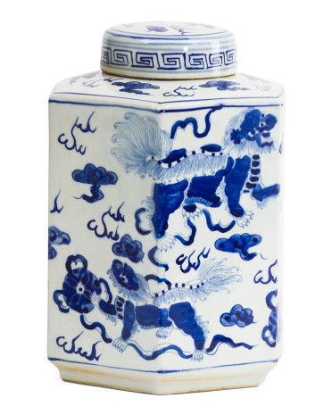 9x7.5x12 Porcelain Lion Hexagonal Tea Jar With Lid | TJ Maxx
