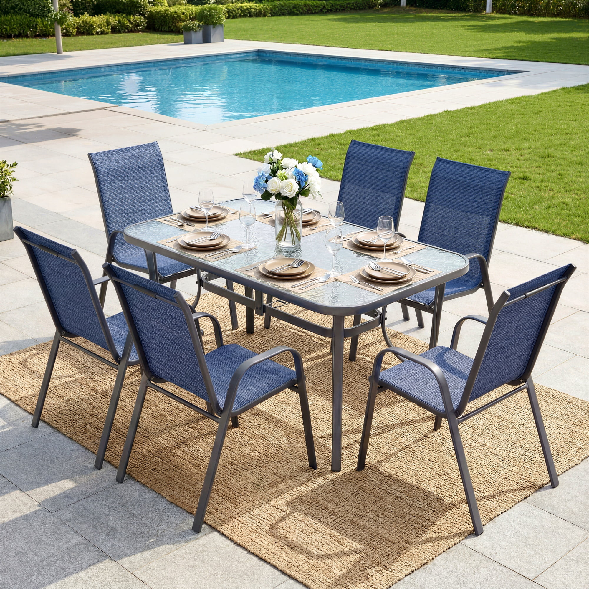 TLSUNNY Outdoor Dining Table and 6 Chairs Set, with 1.69″ Umbrella Hole, Tempered Glass Top, St... | Walmart (US)