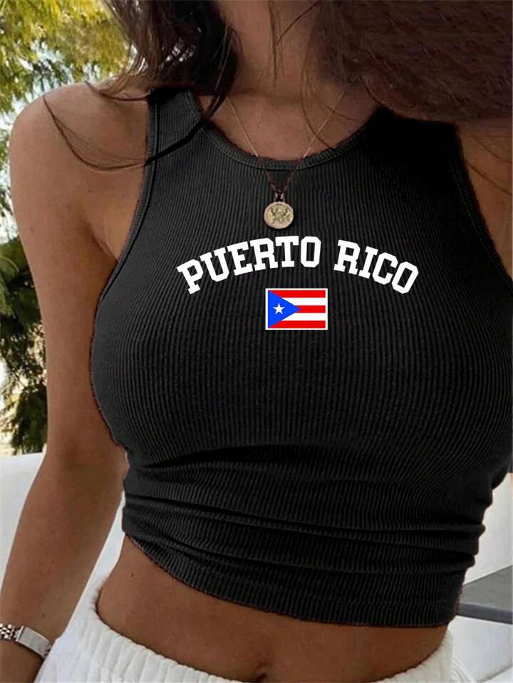 Flirla Women's Puerto Rico Flag Graphic Blue Y2K Tank Top Graphic Tees Women Tops | SHEIN