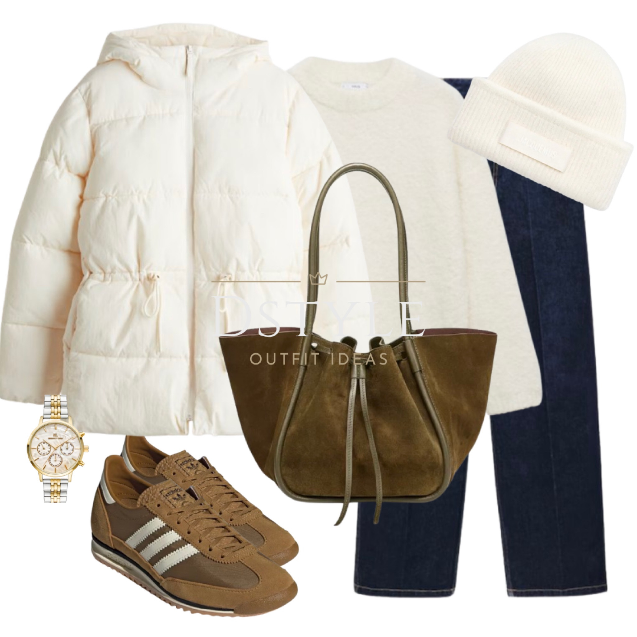 Cream oversized drawstring-waist puffer jacket, ecru sweater, wide-leg jeans, JACQUEMUS wool-blend beanie, wool-blend hat, suede tote bag, Adidas SL72

#LTKCyberWeek #LTKStyleTip #LTKShoeCrush