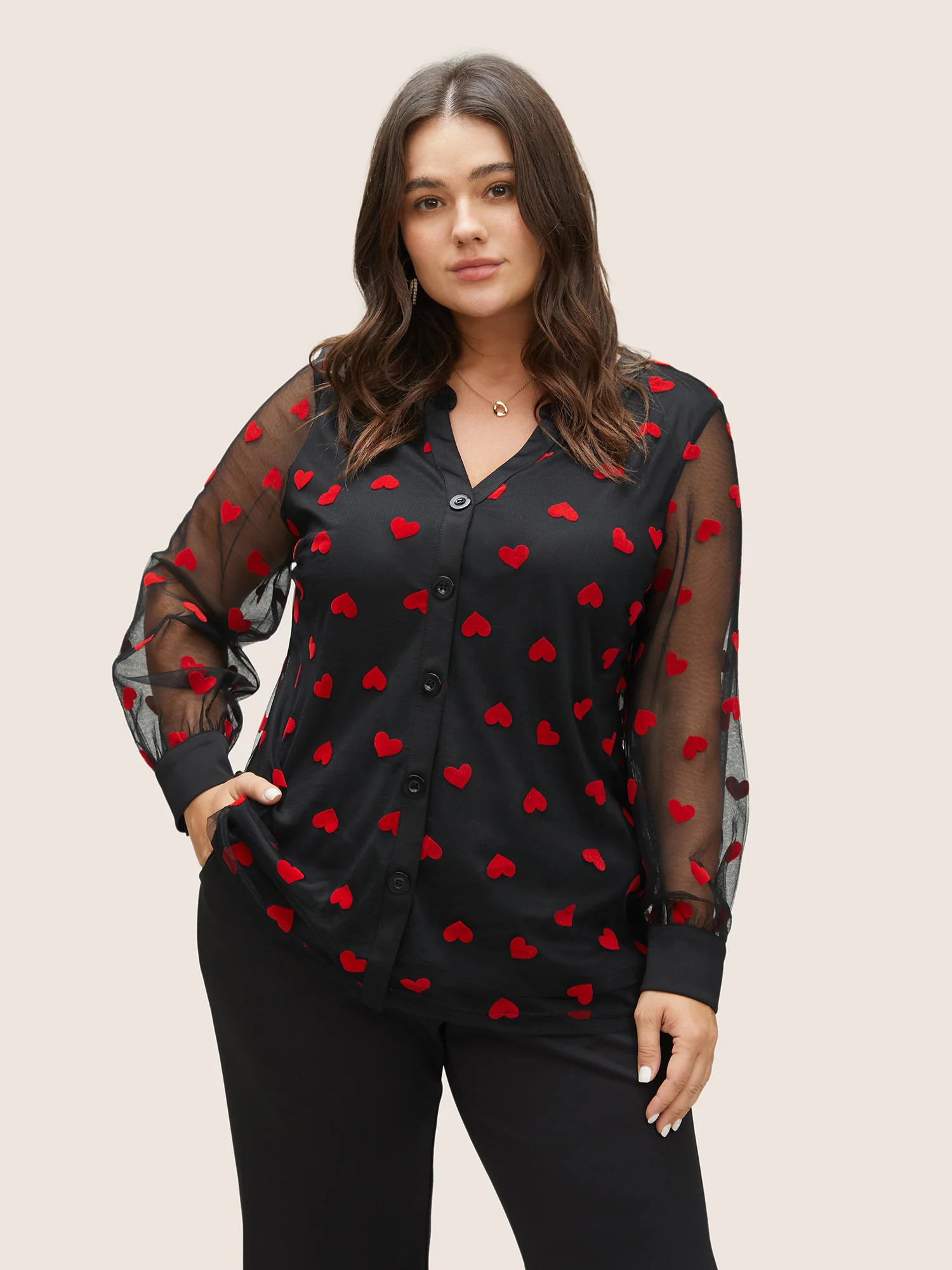 Heart Mesh Patchwork V Neck Blouse | Bloomchic