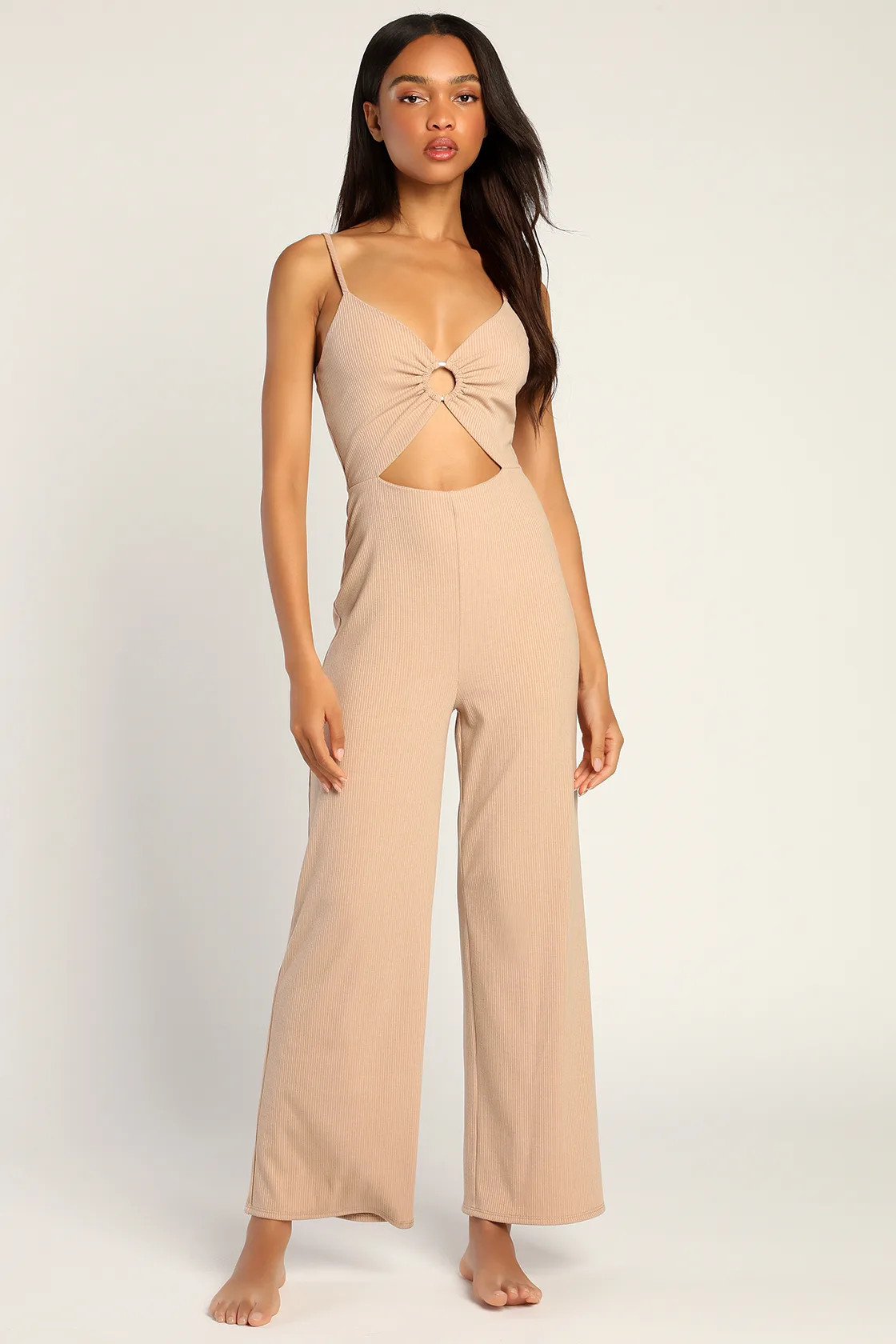 Just Having Fun Beige Ribbed Cutout O-Ring Wide-Leg Jumpsuit | Lulus (US)