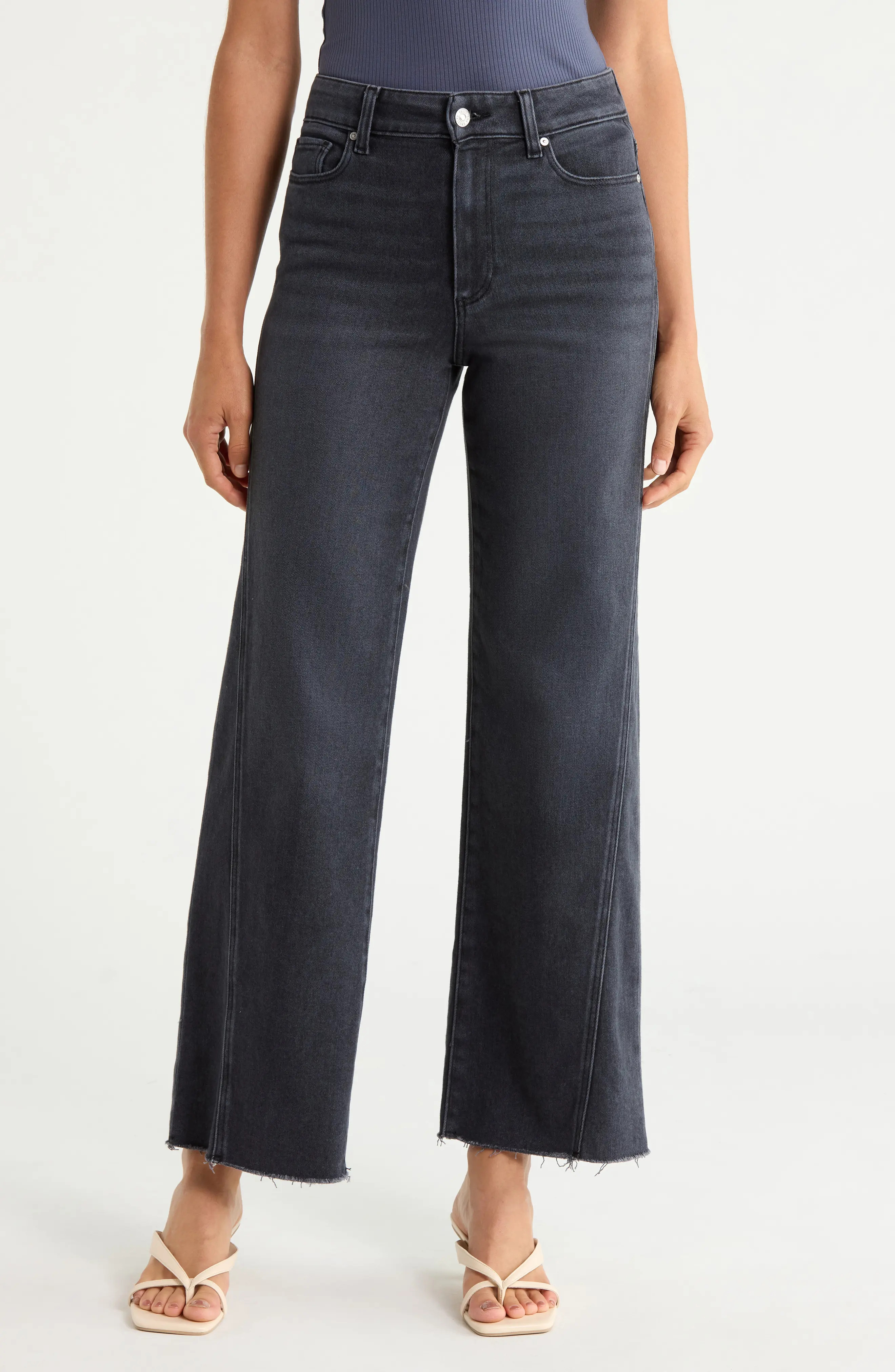 PAIGE Anessa High Waist Raw Hem Wide Leg Jeans in Ink Black at Nordstrom, Size 30 | Nordstrom