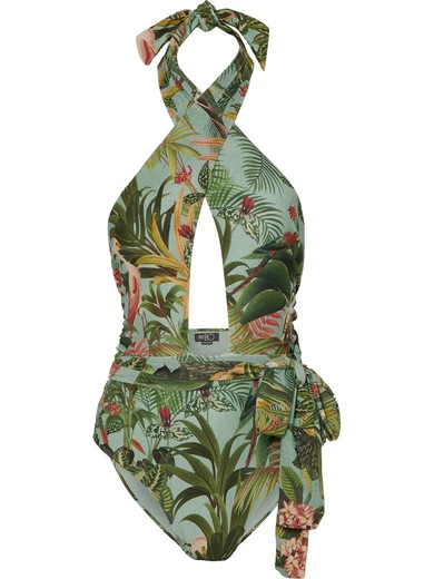 PatBO - Paradise Cutout Printed Halterneck Swimsuit - Green | NET-A-PORTER (US)