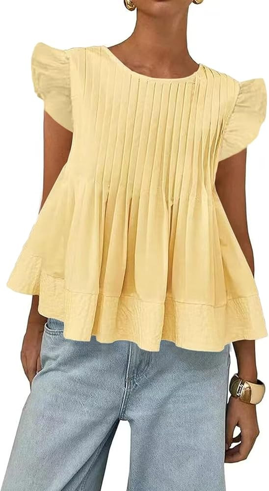 Women's Summer Blouses Pleated Peplum Ruffle Sleeve Blouse Round Neck A Line Babydoll Shirts Tops | Amazon (US)