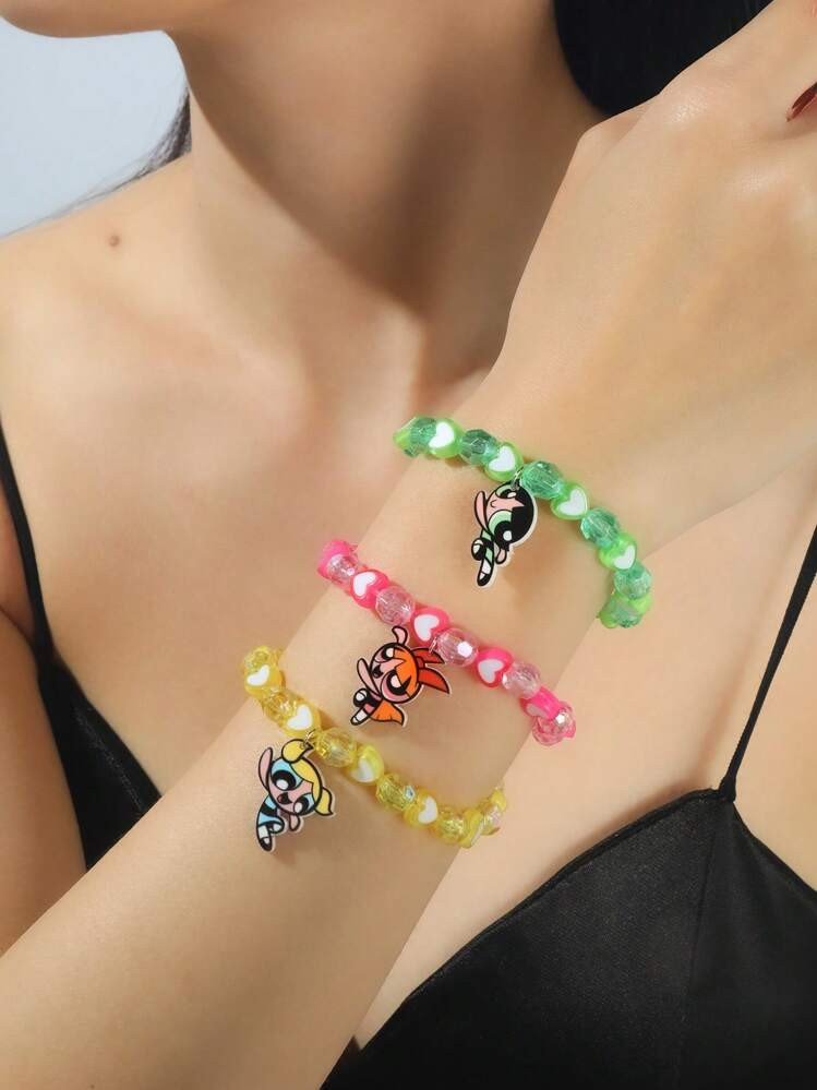 The Powerpuff Girls | ROMWE 3pcs Cartoon Characters Blossom, Bubbles, Buttercup Pattern Heart Bea... | SHEIN