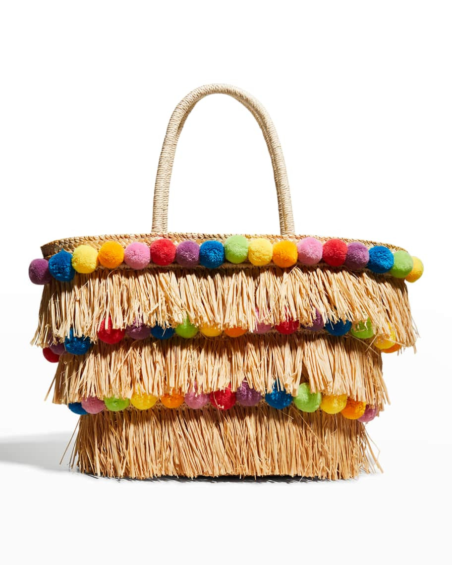 Olivia Straw Pom Basket Tote Bag | Neiman Marcus