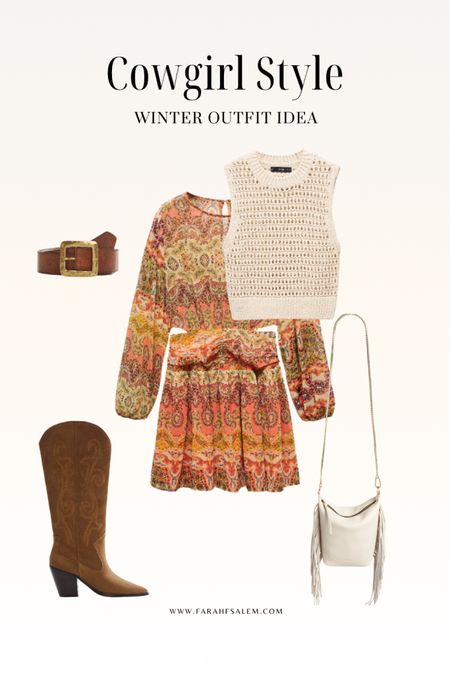 Cowgirl aesthetic outfit 🤠 
Floral dress, cowboy boots, fringe bag, rodeo style, western fashion outfit. 

#LTKstyletip #LTKSeasonal
