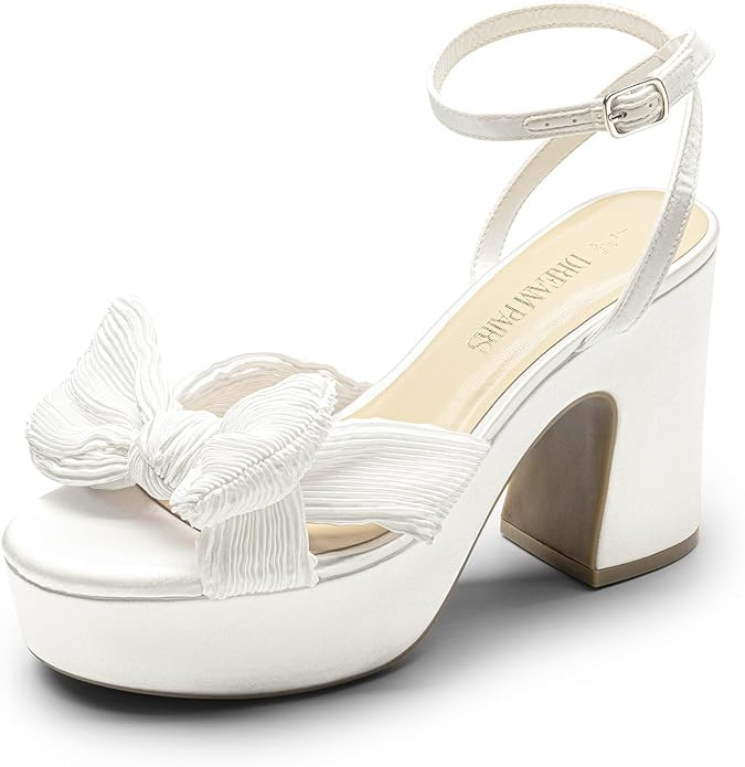 DREAM PAIRS Women's Chunky Platform Heels Sandals Pleated Bow Knot Ankle Buckle Strap Heeled Sand... | Amazon (US)