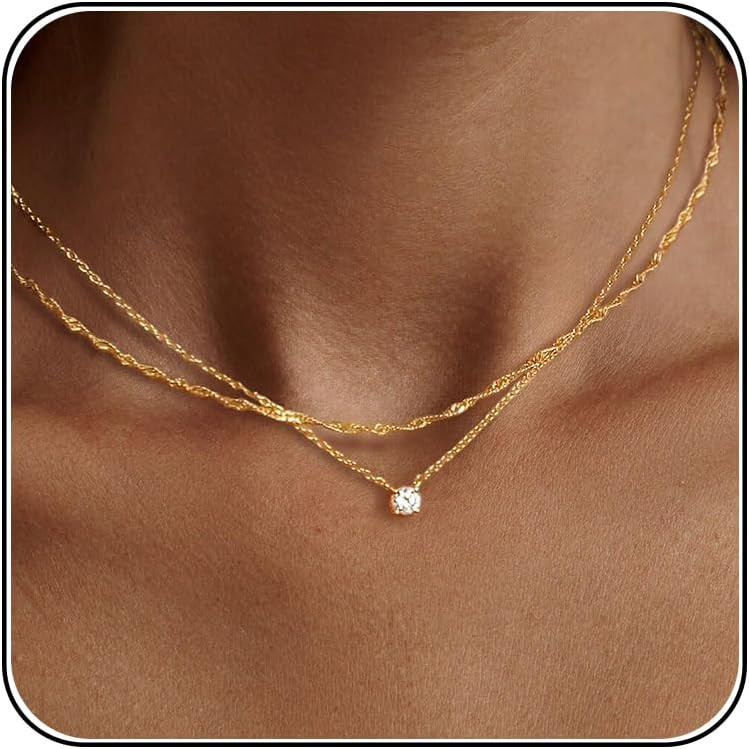Tewiky Dainty 14k Gold Plated/Silver Cubic Zirconia Necklaces for Women | Amazon (US)