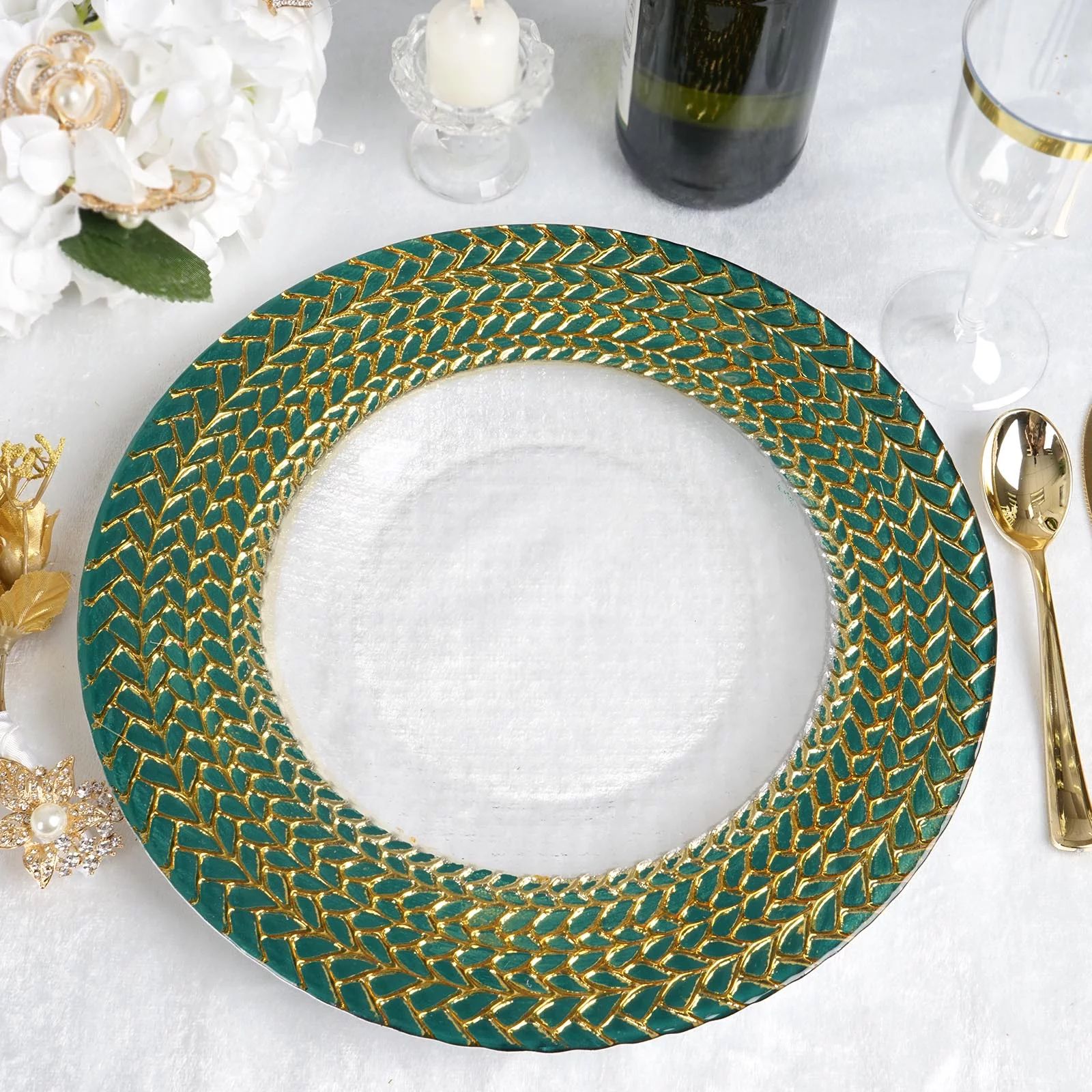 Efavormart 8 Pack 13" Glass Charger Plates Reusable Charger Plates with Teal Green and Gold Braid... | Walmart (US)