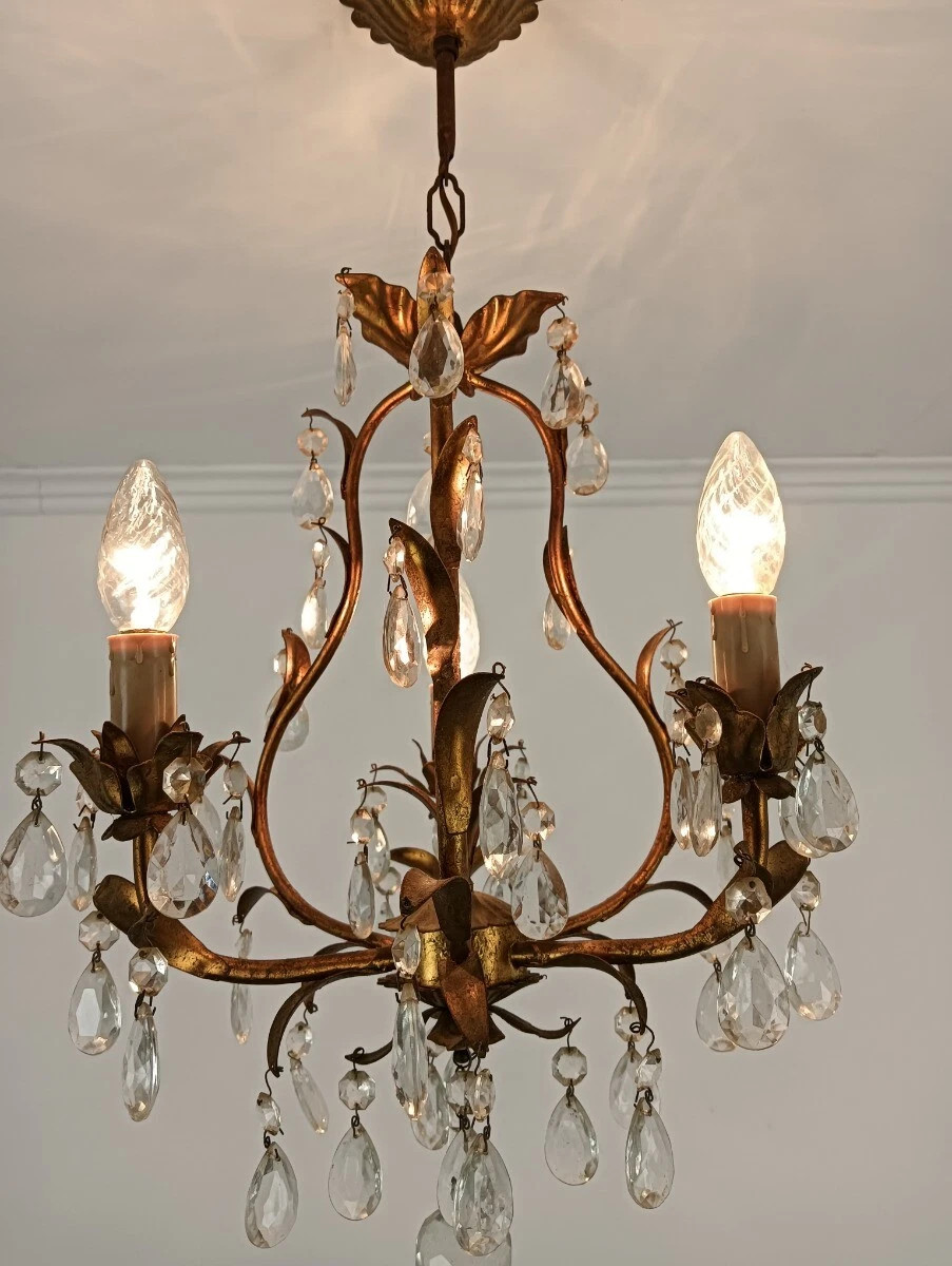 Italian Chandelier 3 lights art glass prisms Faux Brass Hollywood regency style  | eBay | eBay US