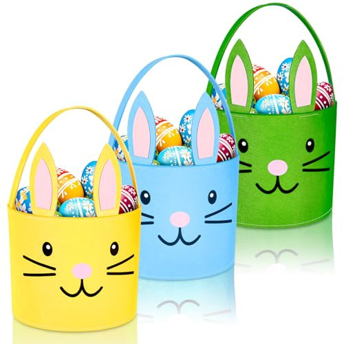 3 Pcs Easter Basket, Felt Cute bunny Tote Bag for Easter Egg Hunts Party Favor Decorations and Candy Gifts Storage (Blue Green Yellow) | Amazon (US)